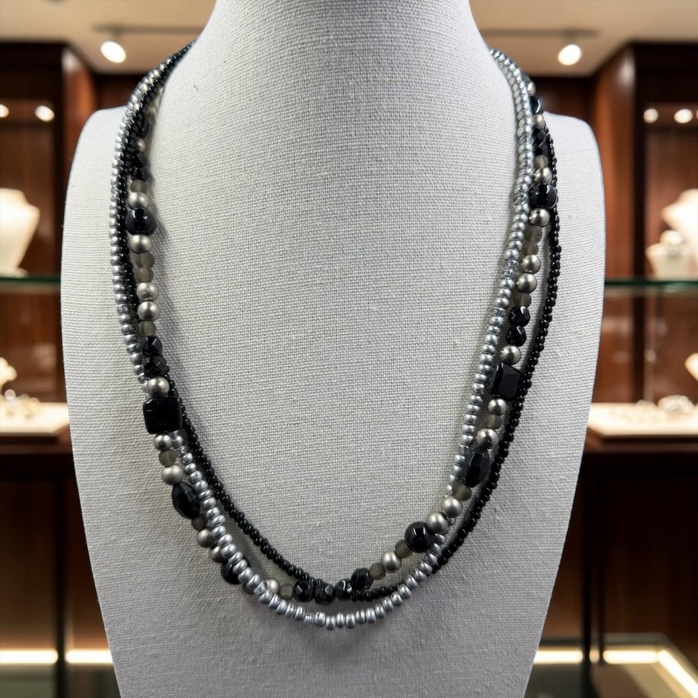 Premier Designs Black Silver Multi Strand Bead Necklace Y2K Statement Edgy Y2K